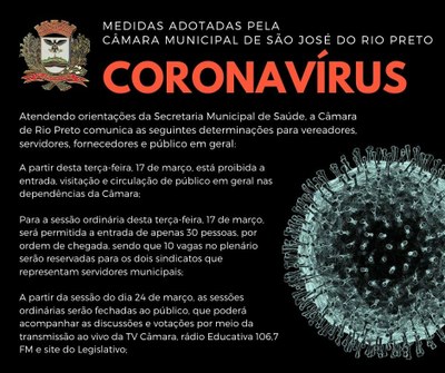 Câmara adota medidas restritivas para evitar proliferação de coronavírus