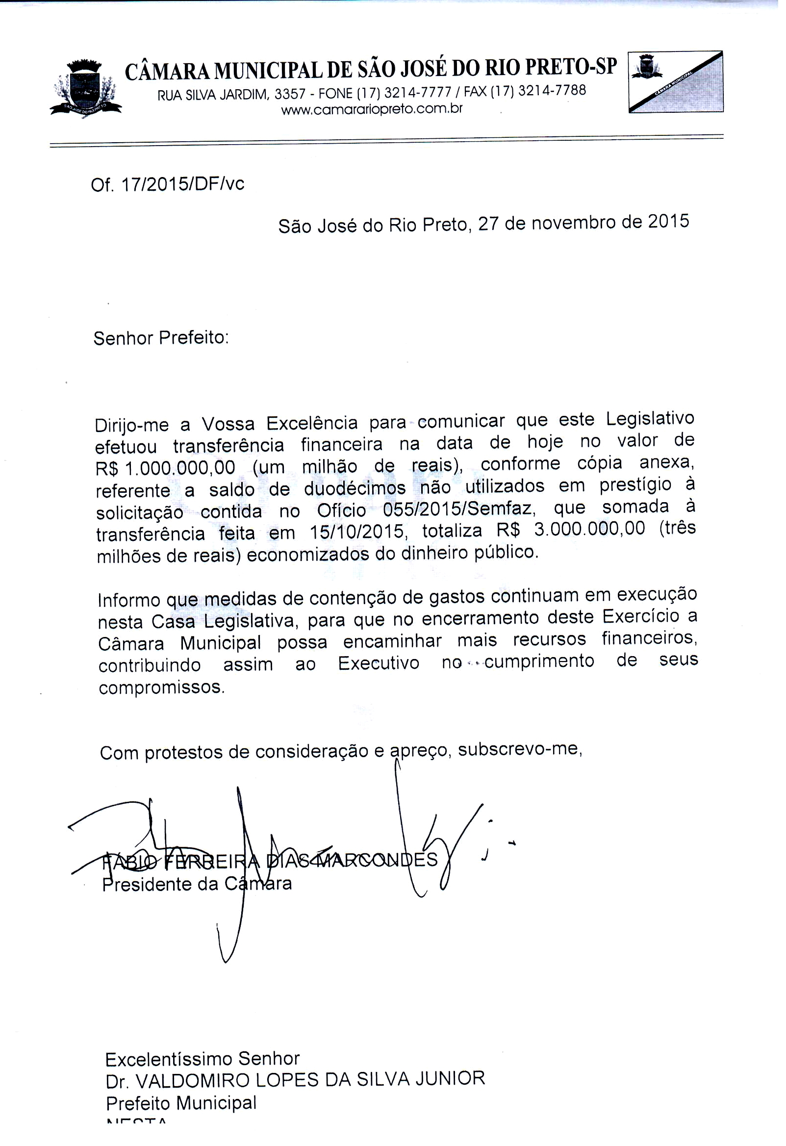 Câmara devolve mais R$ 1 milhão para Prefeitura de Rio Preto