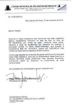 Câmara devolve mais R$ 1 milhão para Prefeitura de Rio Preto