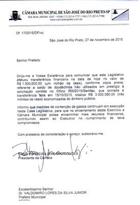 Câmara devolve mais R$ 1 milhão para Prefeitura de Rio Preto