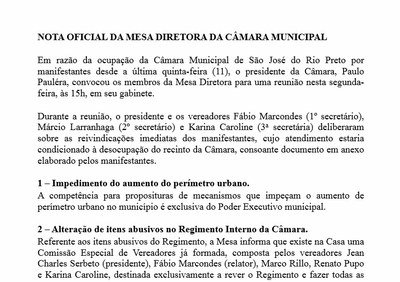 Mesa diretora responde a lista de reivindicações