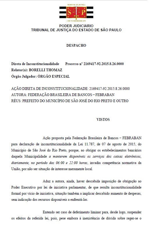 TJ suspende lei que obriga caixa eletrônico até as 22 horas